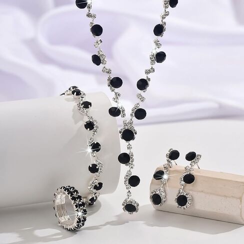 Silver Prom Earrings Necklace Bracelet Ring Set for Women Sparkling Rhinestone Earrings Necklace Bracelet Ring Set Elegant Crystal Jewelry Sets Brides Wedding Prom Party Costume Jewelry in Kuwait