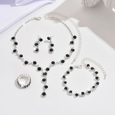 Silver Prom Earrings Necklace Bracelet Ring Set for Women Sparkling Rhinestone Earrings Necklace Bracelet Ring Set Elegant Crystal Jewelry Sets Brides Wedding Prom Party Costume Jewelry in Kuwait