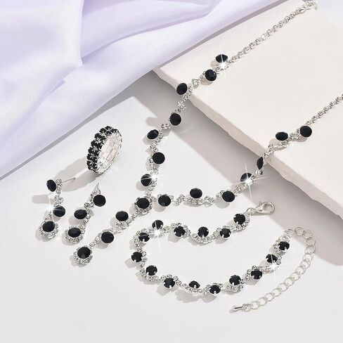 Silver Prom Earrings Necklace Bracelet Ring Set for Women Sparkling Rhinestone Earrings Necklace Bracelet Ring Set Elegant Crystal Jewelry Sets Brides Wedding Prom Party Costume Jewelry in Kuwait