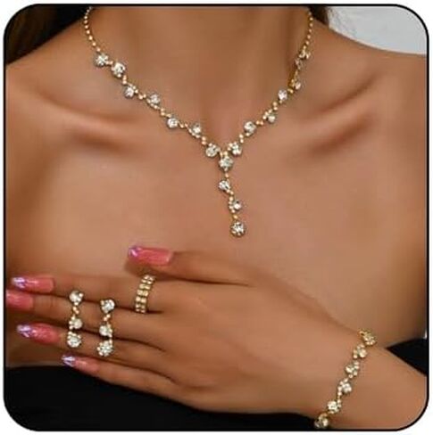 Silver Prom Earrings Necklace Bracelet Ring Set for Women Sparkling Rhinestone Earrings Necklace Bracelet Ring Set Elegant Crystal Jewelry Sets Brides Wedding Prom Party Costume Jewelry in Kuwait