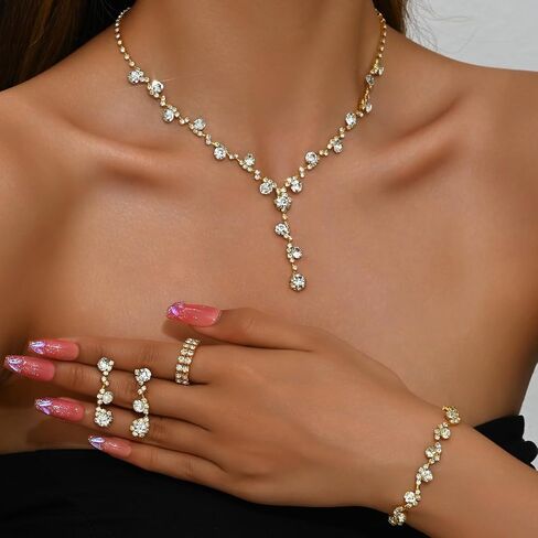 Silver Prom Earrings Necklace Bracelet Ring Set for Women Sparkling Rhinestone Earrings Necklace Bracelet Ring Set Elegant Crystal Jewelry Sets Brides Wedding Prom Party Costume Jewelry in Kuwait