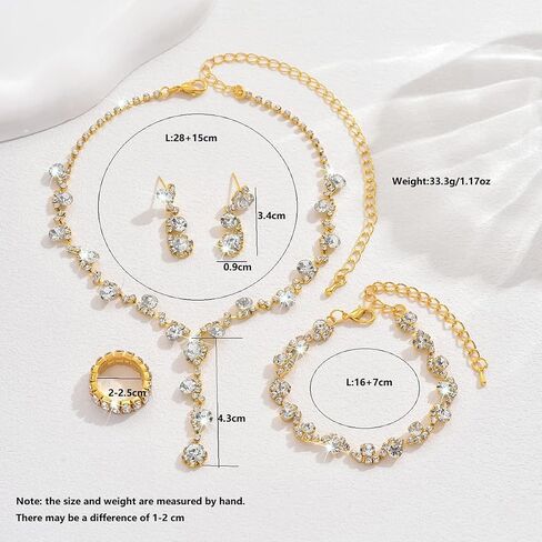 Silver Prom Earrings Necklace Bracelet Ring Set for Women Sparkling Rhinestone Earrings Necklace Bracelet Ring Set Elegant Crystal Jewelry Sets Brides Wedding Prom Party Costume Jewelry in Kuwait