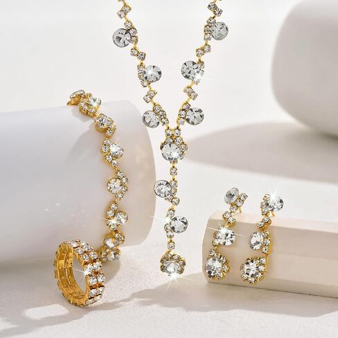 Silver Prom Earrings Necklace Bracelet Ring Set for Women Sparkling Rhinestone Earrings Necklace Bracelet Ring Set Elegant Crystal Jewelry Sets Brides Wedding Prom Party Costume Jewelry in Kuwait