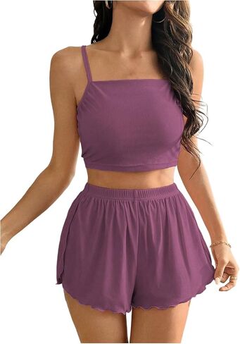 SweatyRocks Women's 2 Piece Ribbed Knit Crop Camisole Top and Split Shorts Pajamas Set in Saudi Arabia