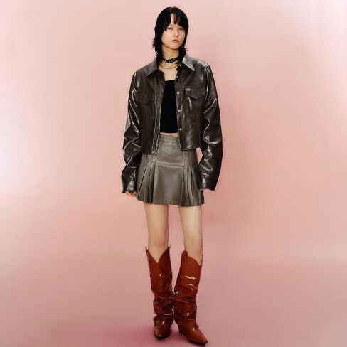 URBAN REVIVO Womens Girl High Waisted Pleated Leather Skirt A-Line Skater Skirts 2025 in Saudi Arabia