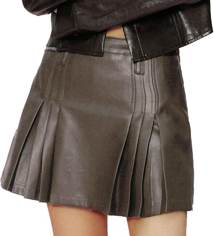URBAN REVIVO Womens Girl High Waisted Pleated Leather Skirt A-Line Skater Skirts 2025 in Saudi Arabia
