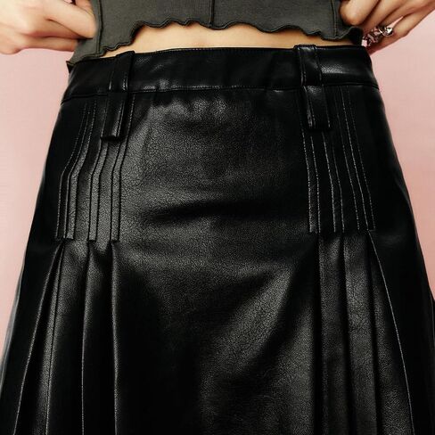 URBAN REVIVO Womens Girl High Waisted Pleated Leather Skirt A-Line Skater Skirts 2025 in Saudi Arabia