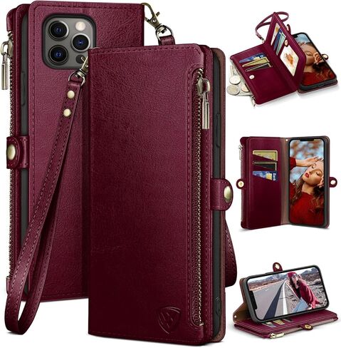 XcaseBar for iPhone 12 Pro Max 6.7" Wallet case with Zipper Credit Card Holder【RFID Blocking】, Flip Folio Book PU Leather Phone case Shockproof Cover Women Men for Apple 12 Pro Max case Wine Red in Kuwait