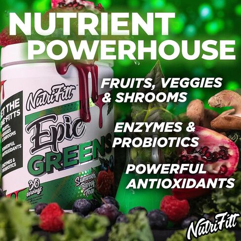 NutriFitt Epic Greens، مليئة بمضادات الأكسدة والفواكه والخضروات والفطر، تعزز الأداء، وتسرع التعافي (30 حصة، شاي التوت الصيفي) in Saudi Arabia