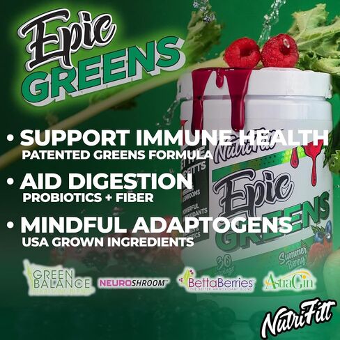 NutriFitt Epic Greens، مليئة بمضادات الأكسدة والفواكه والخضروات والفطر، تعزز الأداء، وتسرع التعافي (30 حصة، شاي التوت الصيفي) in Saudi Arabia