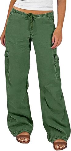 Flamingals Straight Leg Pants for Women Mid Rise Casual Drawstring Side Flap Pockets Solid Pants in Saudi Arabia