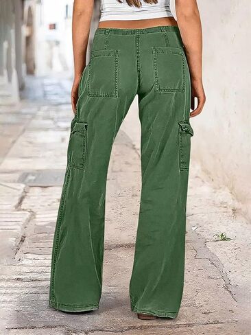 Flamingals Straight Leg Pants for Women Mid Rise Casual Drawstring Side Flap Pockets Solid Pants in Saudi Arabia