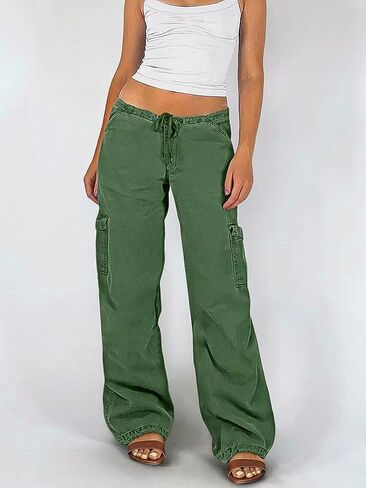 Flamingals Straight Leg Pants for Women Mid Rise Casual Drawstring Side Flap Pockets Solid Pants in Saudi Arabia