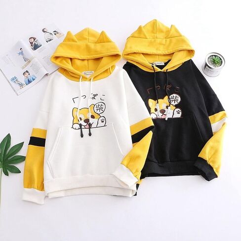 المرأة شيبا Inu آذان Kawaii هوديي أنيمي لطيف الجمالية جرو اليابانية الكرتون مقنعين البلوز الصوف كم طويل in Kuwait