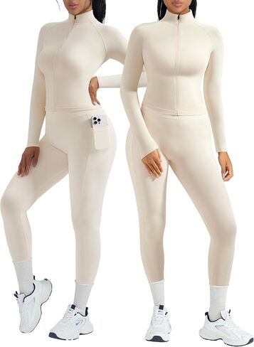 OMKAGI Workout Sets for Women Booty Leggings Matching Zipup Jacket Gym Outfits with Pockets in Saudi Arabia