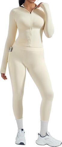 OMKAGI Workout Sets for Women Booty Leggings Matching Zipup Jacket Gym Outfits with Pockets in Saudi Arabia