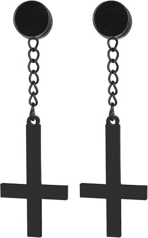OIDEA Mens Inverted Cross Earrings: Stainless Steel Non Pierced Magnetic Earrings for Men Hoop Dangle Hinged Upside Down Cross Clip on Earrings Jewelry Gifts for Men Women in Saudi Arabia