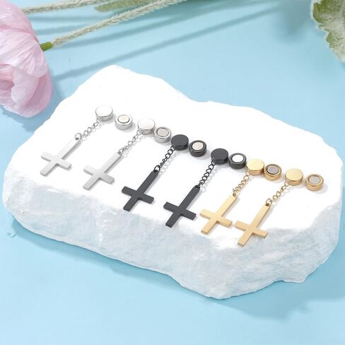 OIDEA Mens Inverted Cross Earrings: Stainless Steel Non Pierced Magnetic Earrings for Men Hoop Dangle Hinged Upside Down Cross Clip on Earrings Jewelry Gifts for Men Women in Saudi Arabia