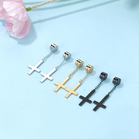 OIDEA Mens Inverted Cross Earrings: Stainless Steel Non Pierced Magnetic Earrings for Men Hoop Dangle Hinged Upside Down Cross Clip on Earrings Jewelry Gifts for Men Women in Saudi Arabia
