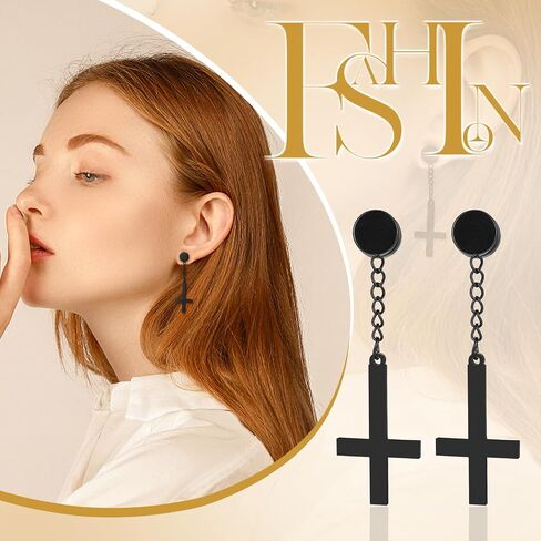 OIDEA Mens Inverted Cross Earrings: Stainless Steel Non Pierced Magnetic Earrings for Men Hoop Dangle Hinged Upside Down Cross Clip on Earrings Jewelry Gifts for Men Women in Saudi Arabia