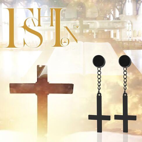 OIDEA Mens Inverted Cross Earrings: Stainless Steel Non Pierced Magnetic Earrings for Men Hoop Dangle Hinged Upside Down Cross Clip on Earrings Jewelry Gifts for Men Women in Saudi Arabia