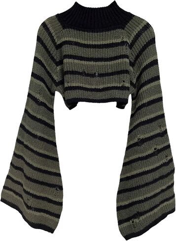 GORGLITTER Women's Striped Y2k Ripped Knit Gothic Tops Flare Sleeve High Neck Cropped Sweater in Saudi Arabia