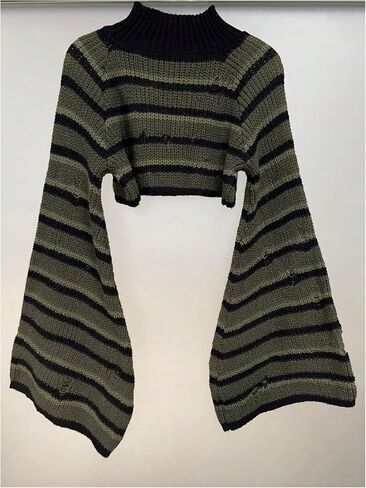 GORGLITTER Women's Striped Y2k Ripped Knit Gothic Tops Flare Sleeve High Neck Cropped Sweater in Saudi Arabia