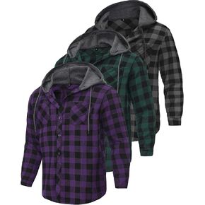 3 قطع من قميص فلانيل خفيف الوزن بغطاء للرأس للرجال، قميص منقوش بأزرار سفلية وأكمام طويلة مع جيب in Kuwait