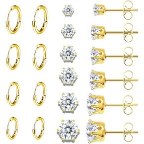 10 Pairs Hypoallergenic Earrings Set - 6 Cubic Zirconia Stud Earrings (3-8mm) & 4 Huggie Hoop Earrings (6-12mm), 316L Stainless Steel,Nickel-Free for Sensitive Ears in Saudi Arabia