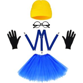 5Pcs Halloween Costume Set for Adult Yellow Beanie Hat Blue Tutu Dress Black Round Frame Glasses Gloves Suspender for Cosplay in Saudi Arabia