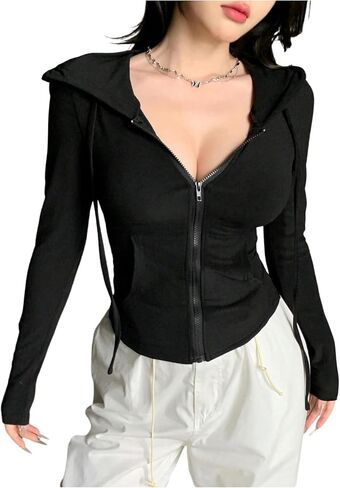 Women's Zip Up Hoodies Long Sleeve Drawstring Hooded Fitted Sweatshirts Casual Outerwear with Pockets in Saudi Arabia