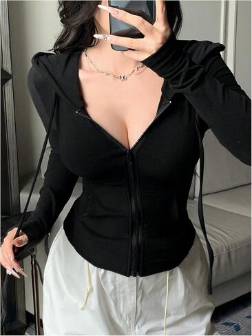 Women's Zip Up Hoodies Long Sleeve Drawstring Hooded Fitted Sweatshirts Casual Outerwear with Pockets in Saudi Arabia