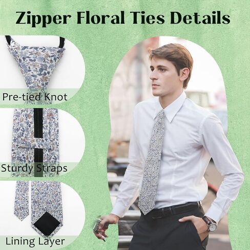 Zipper Floral Ties for Men, Mens Cotton Flower Tie Adjustable Pre-Tied Necktie for Groomsmen Wedding Party Beach in Saudi Arabia