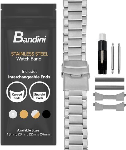 Bandini Stainless Steel Fitted Curved End Metal Watch Band, 3 Link Watch Strap Oyster Bracelet, Double Foldover Lock Deployment Clasp, Straight End Included - 18mm, 20mm, 22mm, 24mm in Saudi Arabia