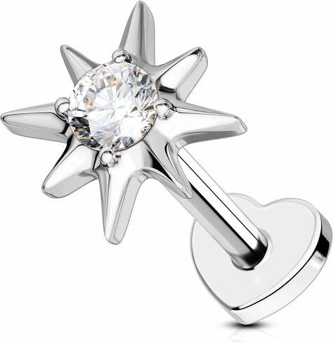 G23 Titanium Flat Back Labret Stud 16G Star Cartilage Earring Studs 6mm 8mm Internally Threaded for Nose, Lip, Helix, Tragus, Conch Piercing Gold & Silver in Saudi Arabia