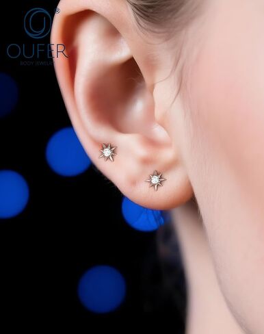 G23 Titanium Flat Back Labret Stud 16G Star Cartilage Earring Studs 6mm 8mm Internally Threaded for Nose, Lip, Helix, Tragus, Conch Piercing Gold & Silver in Saudi Arabia