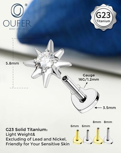 G23 Titanium Flat Back Labret Stud 16G Star Cartilage Earring Studs 6mm 8mm Internally Threaded for Nose, Lip, Helix, Tragus, Conch Piercing Gold & Silver in Saudi Arabia