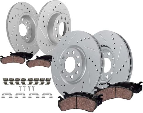 محور ديترويت - طقم فرامل 8 قطع لسيارة Jeep 2015-2022 Renegade 2016-2020 500X، دوارات فرامل قرصية محفورة ومشقوقة استبدال وسادات الفرامل السيراميكية: دوارات أمامية 12.00 بوصة وخلفية 10.94 بوصة in Kuwait