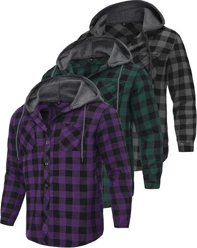 3 قطع من قميص فلانيل خفيف الوزن بغطاء للرأس للرجال، قميص منقوش بأزرار سفلية وأكمام طويلة مع جيب in Kuwait