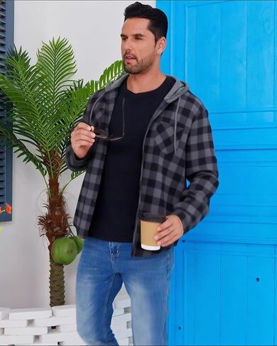 3 قطع من قميص فلانيل خفيف الوزن بغطاء للرأس للرجال، قميص منقوش بأزرار سفلية وأكمام طويلة مع جيب in Kuwait