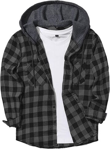 3 قطع من قميص فلانيل خفيف الوزن بغطاء للرأس للرجال، قميص منقوش بأزرار سفلية وأكمام طويلة مع جيب in Kuwait