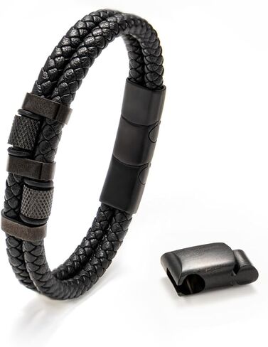 black genuine leather bracelet for men with adjustable stainless steel magnetic clasp - multi-layer braided rope design - stylish bracelet for men Fits wrist sizes 6.1-7.5 inches. in Saudi Arabia