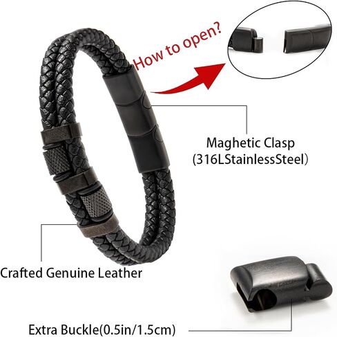 black genuine leather bracelet for men with adjustable stainless steel magnetic clasp - multi-layer braided rope design - stylish bracelet for men Fits wrist sizes 6.1-7.5 inches. in Saudi Arabia