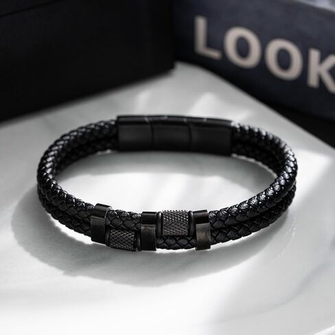 black genuine leather bracelet for men with adjustable stainless steel magnetic clasp - multi-layer braided rope design - stylish bracelet for men Fits wrist sizes 6.1-7.5 inches. in Saudi Arabia