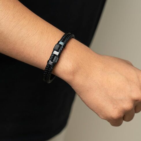 black genuine leather bracelet for men with adjustable stainless steel magnetic clasp - multi-layer braided rope design - stylish bracelet for men Fits wrist sizes 6.1-7.5 inches. in Saudi Arabia