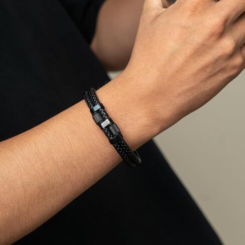 black genuine leather bracelet for men with adjustable stainless steel magnetic clasp - multi-layer braided rope design - stylish bracelet for men Fits wrist sizes 6.1-7.5 inches. in Saudi Arabia