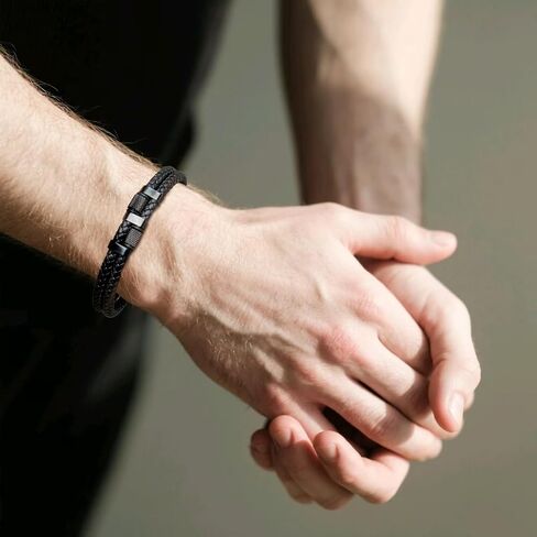 black genuine leather bracelet for men with adjustable stainless steel magnetic clasp - multi-layer braided rope design - stylish bracelet for men Fits wrist sizes 6.1-7.5 inches. in Saudi Arabia