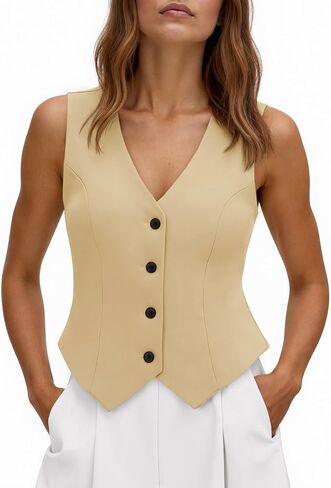 Tankaneo Womens Cropped Blazer Vest Tops Sleeveless V Neck Fitted Waistcoat Button Up Business Casual Vest Shirts in Saudi Arabia