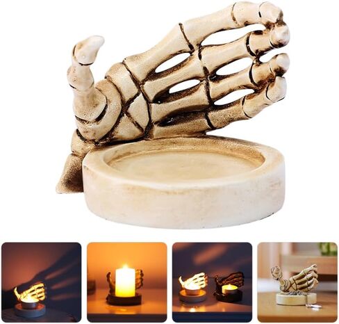 Zerodeko الهيكل العظمي حامل شمعة اليد فريدة من نوعها القوطية الجمجمة Tealight الوقوف لجميع القديسين ديكور مادة الراتنج للحفلات والأجواء المخيفة in Saudi Arabia