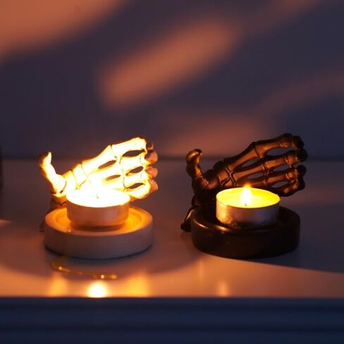 Zerodeko الهيكل العظمي حامل شمعة اليد فريدة من نوعها القوطية الجمجمة Tealight الوقوف لجميع القديسين ديكور مادة الراتنج للحفلات والأجواء المخيفة in Saudi Arabia
